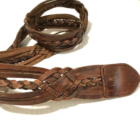 Vintage Genuine Leather Woven Belt Floral Engraved 4” Medallion Buckle Belt M/L - Picture 5 of 10